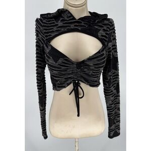 Kimcine Shredded Cutout Crop Hoodie Black Wave Texture Goth Grunge Alt Y2K Med